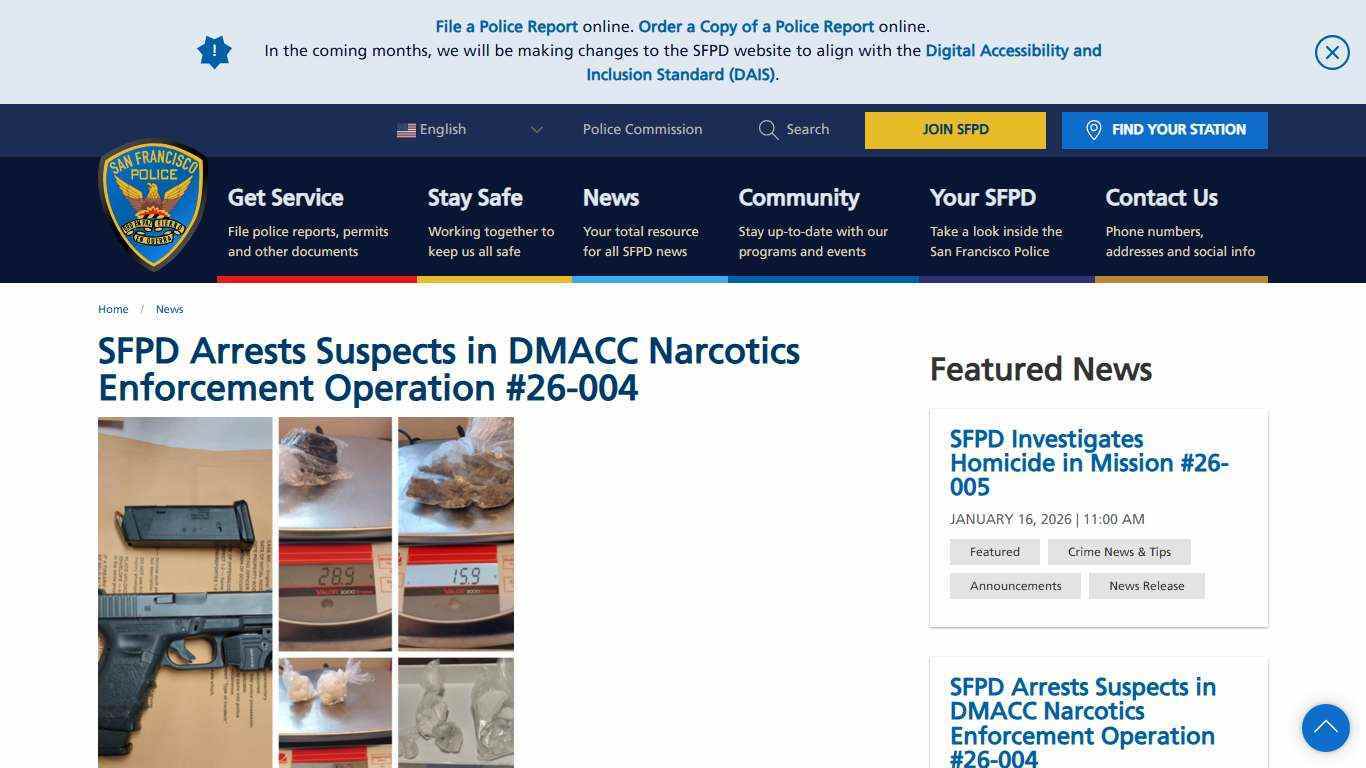 SFPD Arrests Suspects in DMACC Narcotics Enforcement Operation #26-004 | San Francisco Police Department
