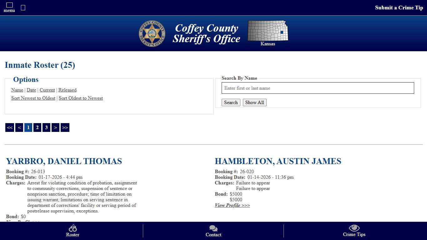 Inmate Roster - Current Inmates Booking Date Descending - Coffey County Sheriff's Office | Kansas