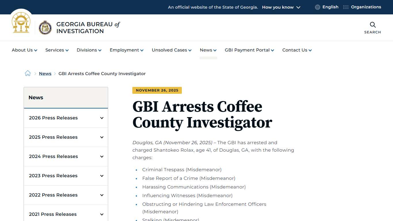 GBI Arrests Coffee County Investigator | Georgia Bureau of Investigation